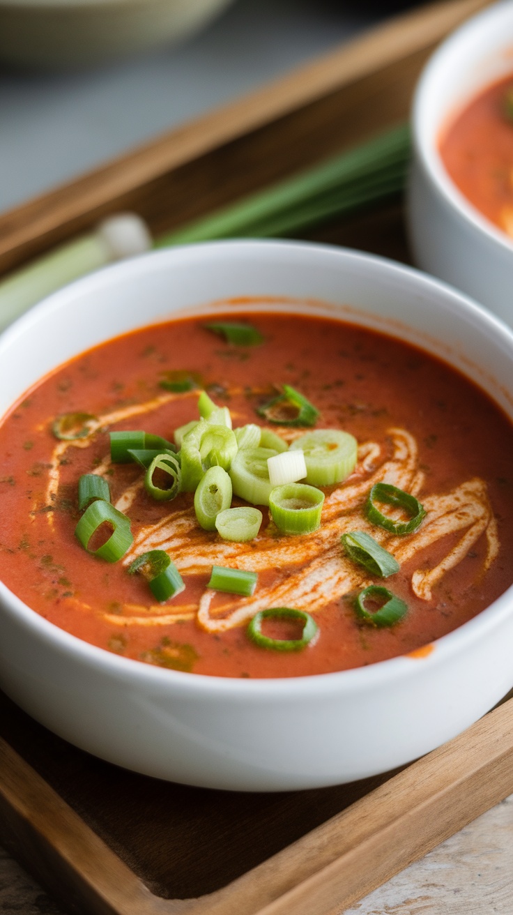 A bowl of Thai Tomato Soup with Lemongrass garnished with green onions.