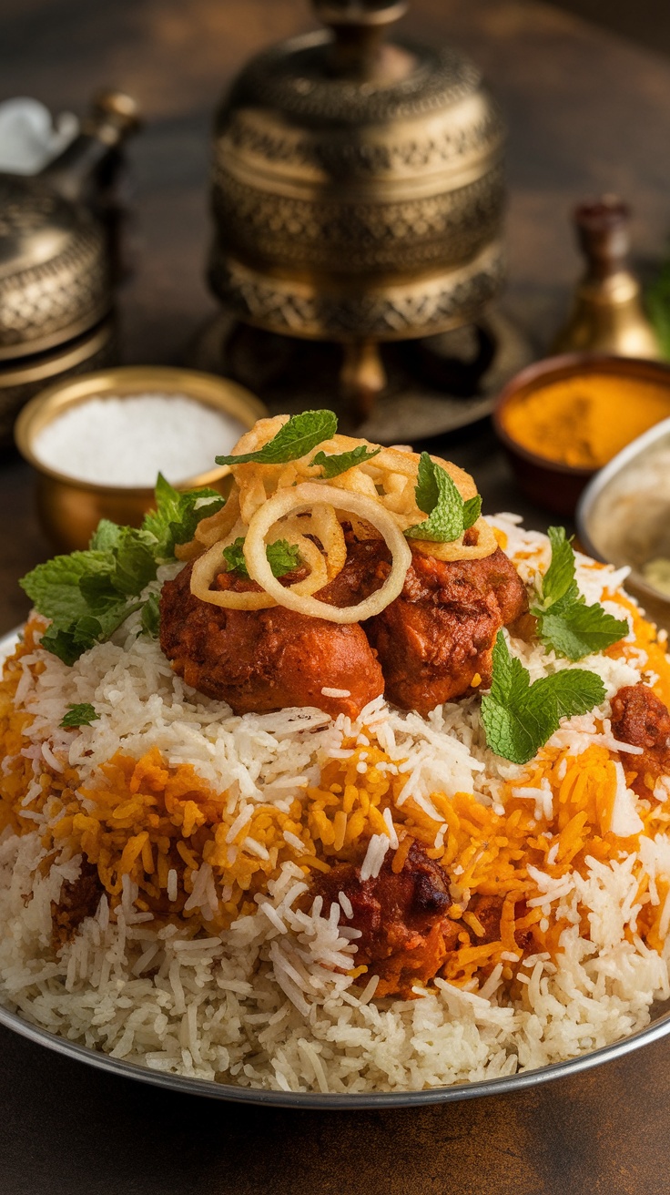 A plate of Hyderabadi Chicken Biryani with chicken pieces and basmati rice, garnished with fried onions and herbs.