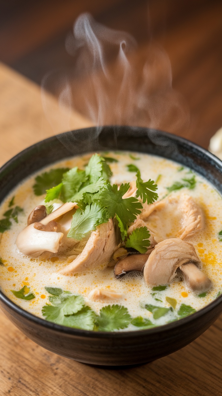 A bowl of Tom Kha Gai with chicken, mushrooms, and cilantro.