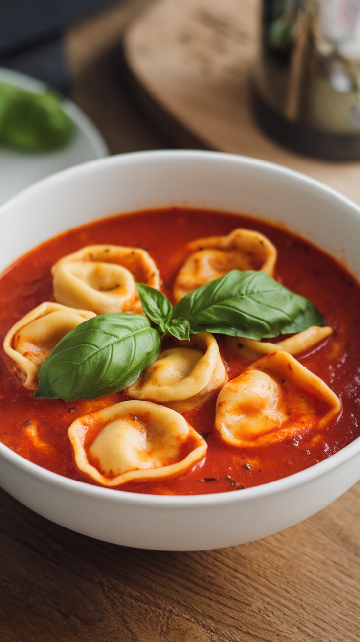 A bowl of Tomato Basil Tortellini Soup with fresh basil leaves on top