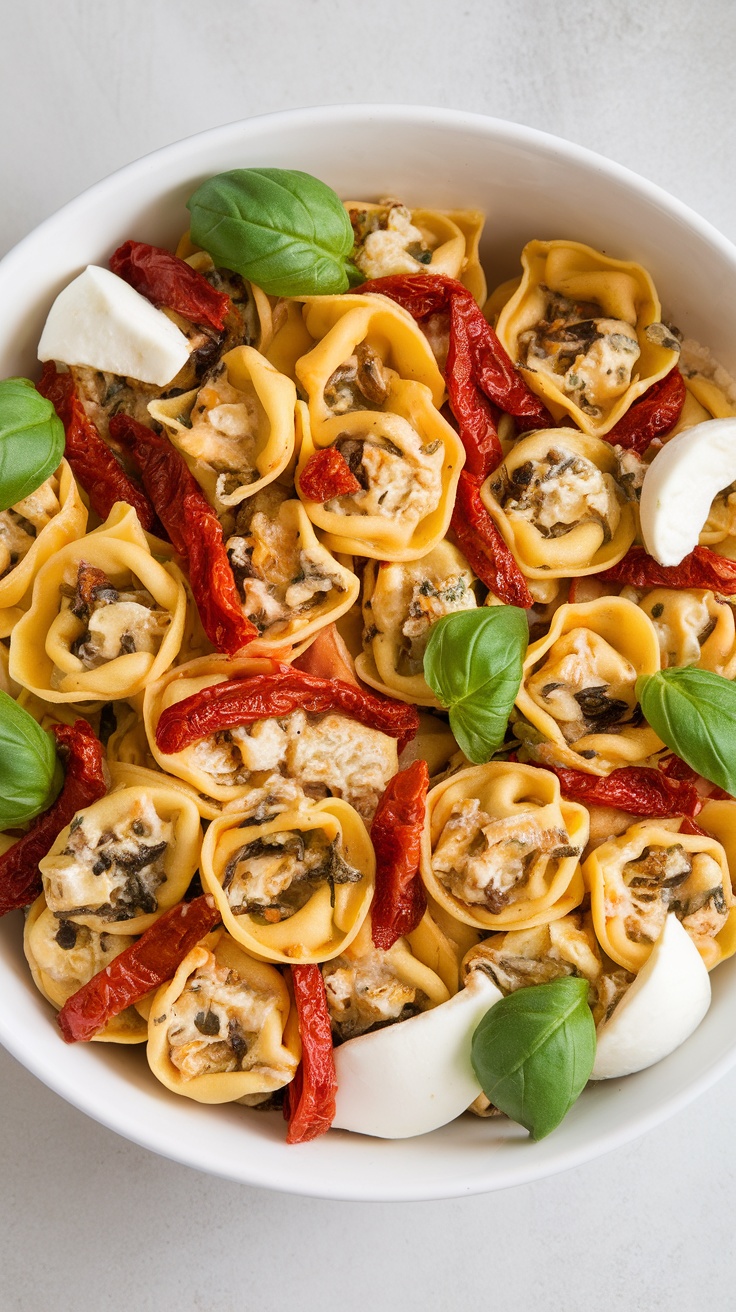 A colorful bowl of tortellini salad featuring cheese tortellini, sun-dried tomatoes, fresh mozzarella, and basil.