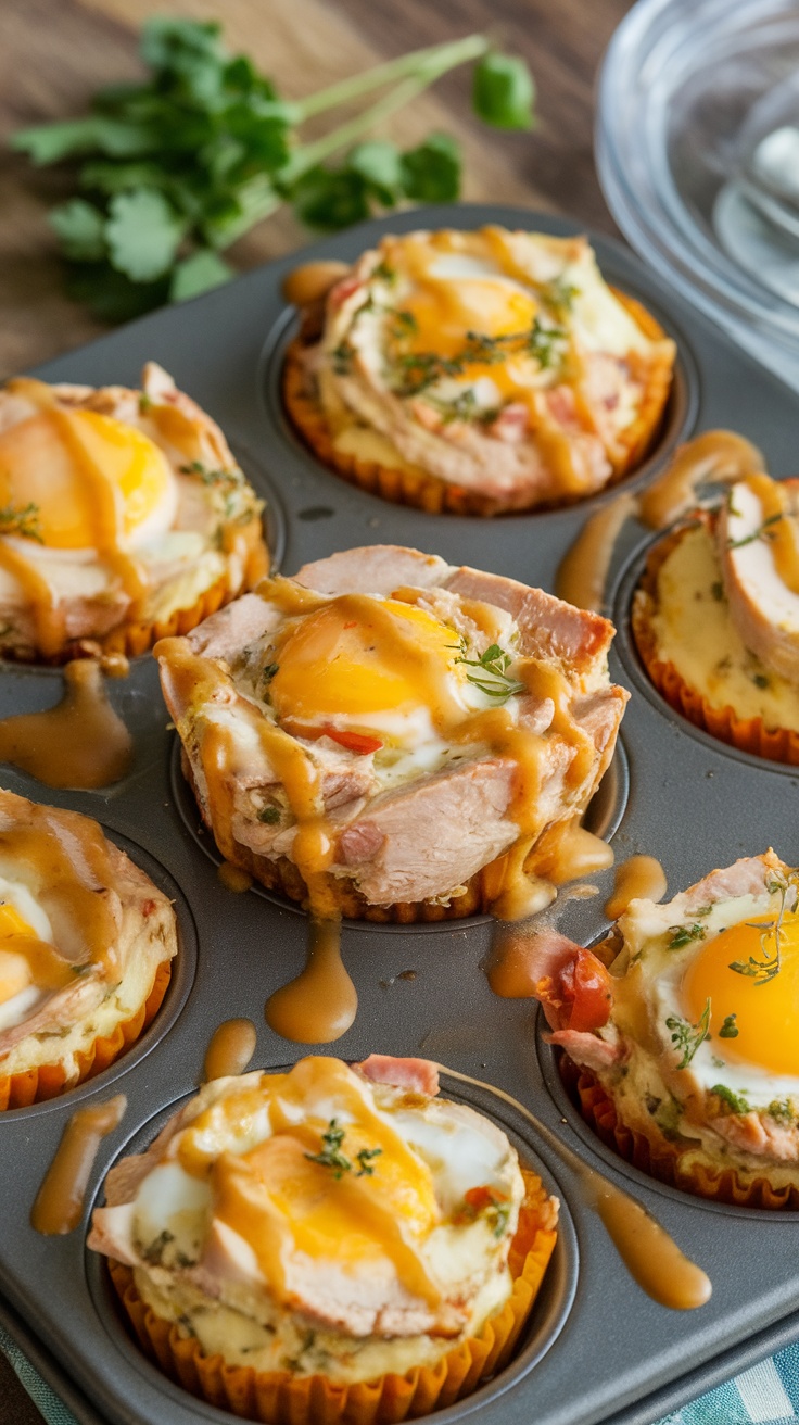 Savory turkey and egg muffins in a muffin tray.