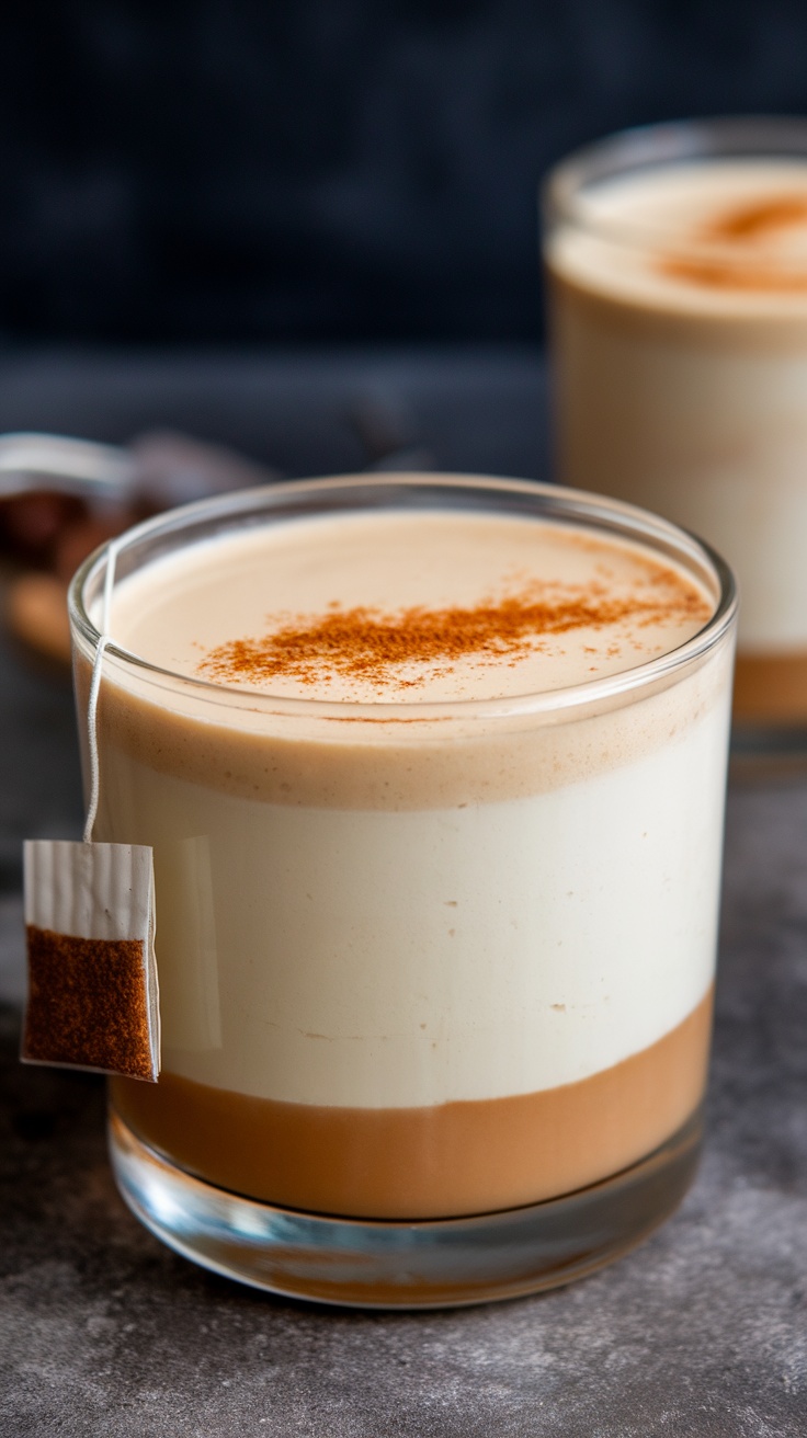 A Vanilla Chai White Russian drink in a clear glass with a creamy top and chai tea bag hanging from the side.