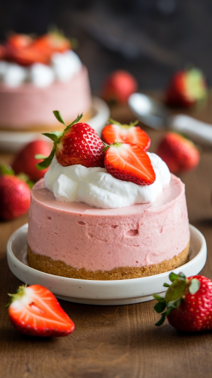 A vegan strawberry cheesecake with fresh strawberries on top.