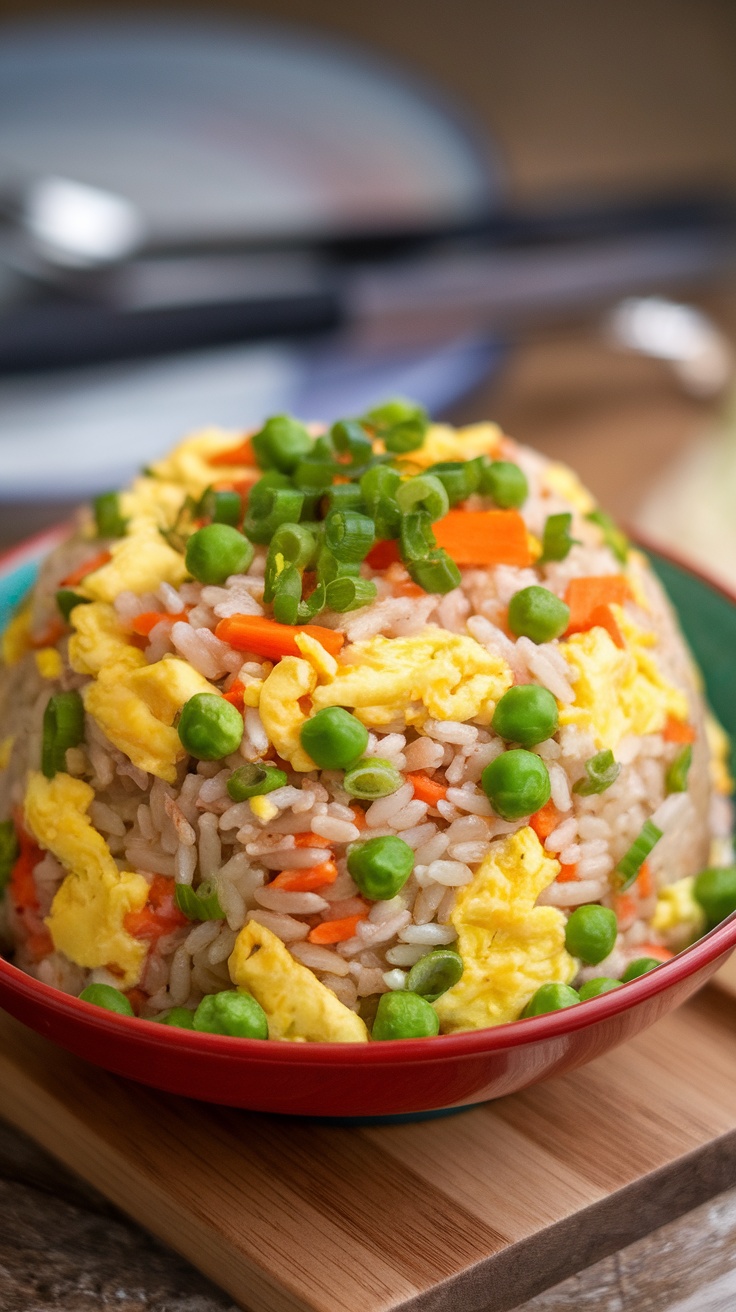 A bowl of vegetable fried rice topped with green onions and scrambled eggs.