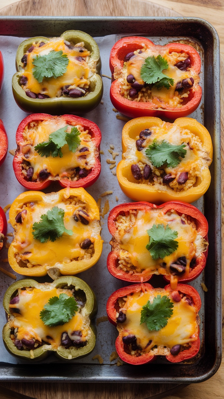 Vegetarian stuffed bell peppers topped with cheese and cilantro