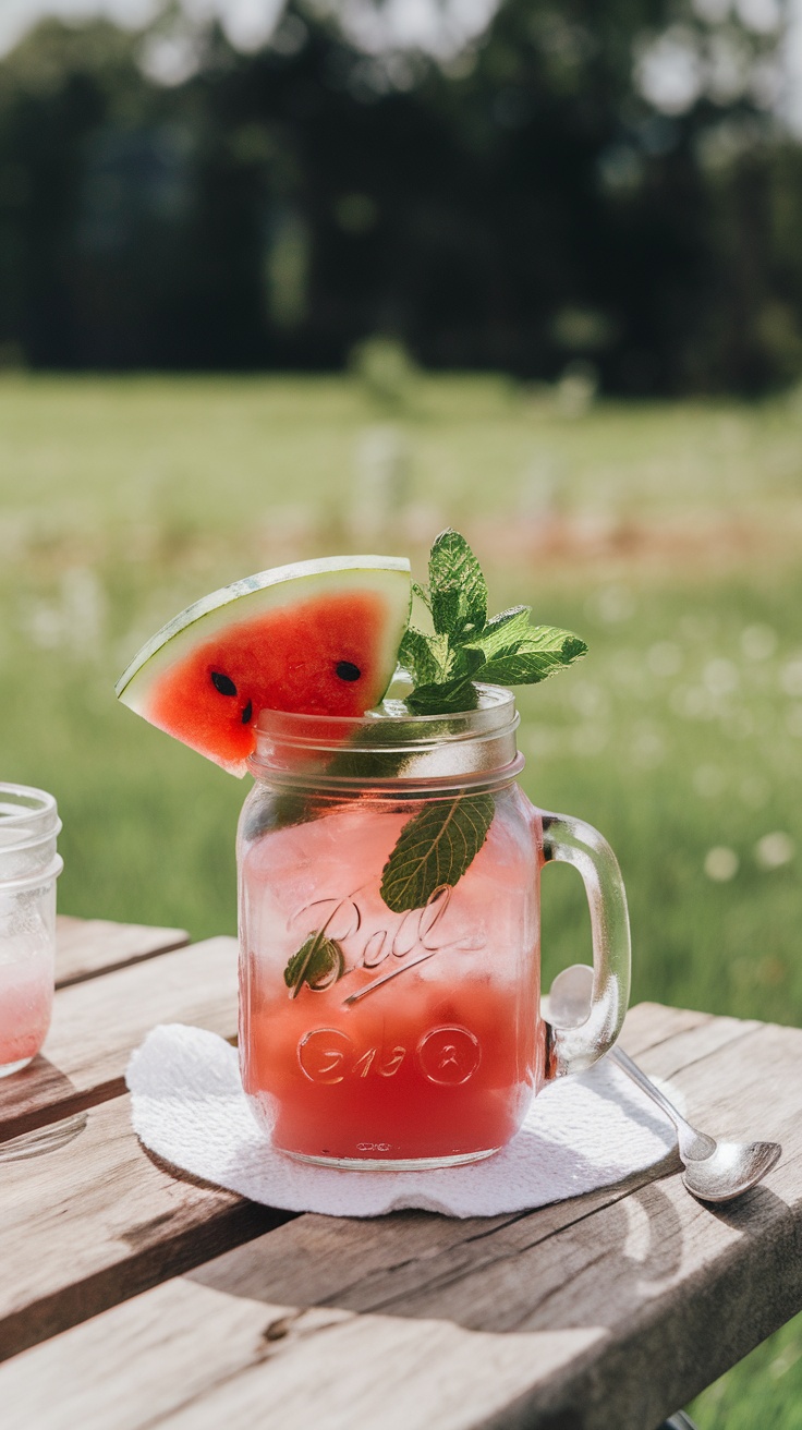 A refreshing watermelon mint cooler in a mason jar with a slice of watermelon and mint leaves on a wooden table outdoors.