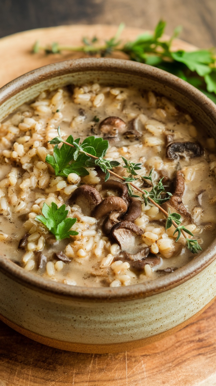 A bowl of creamy wild rice and mushroom soup garnished with fresh herbs.