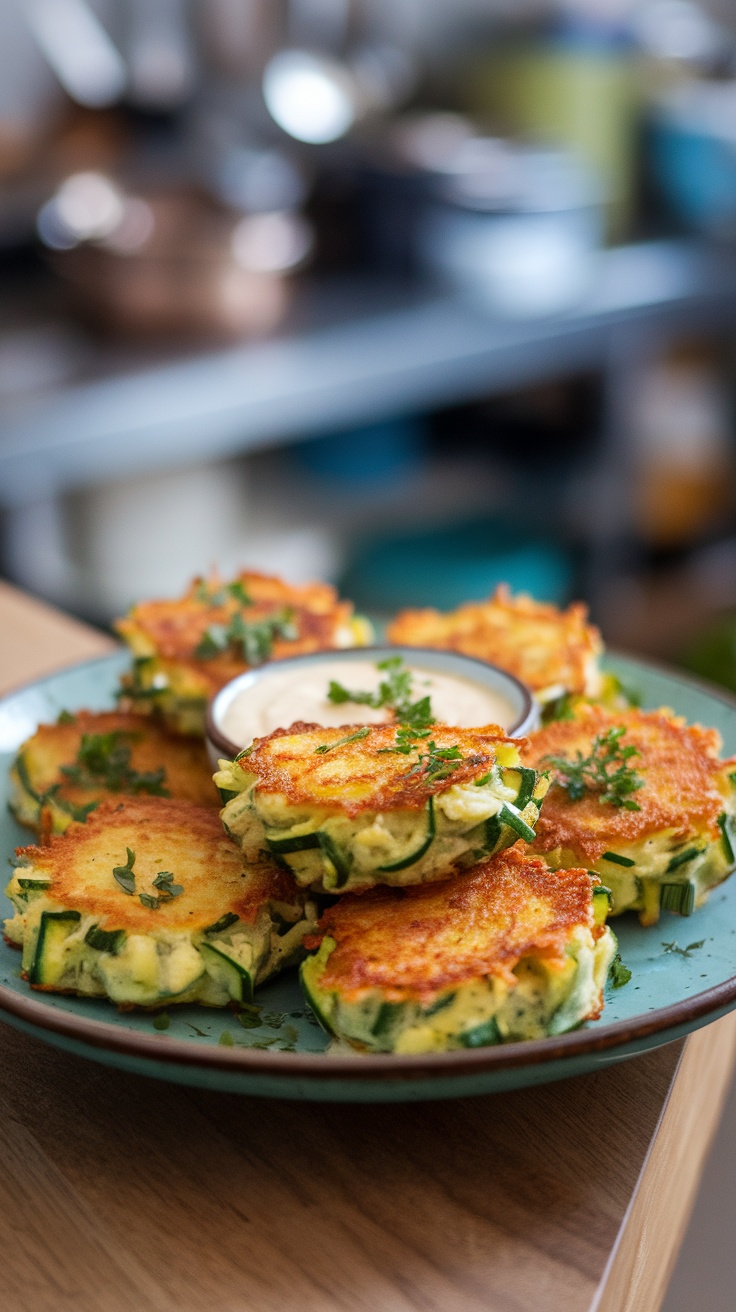 Delicious zucchini and cheese fritters served with a dipping sauce.