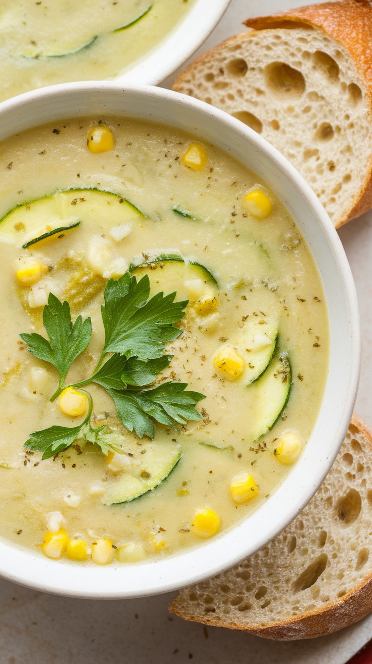 A bowl of creamy zucchini and corn soup garnished with parsley.