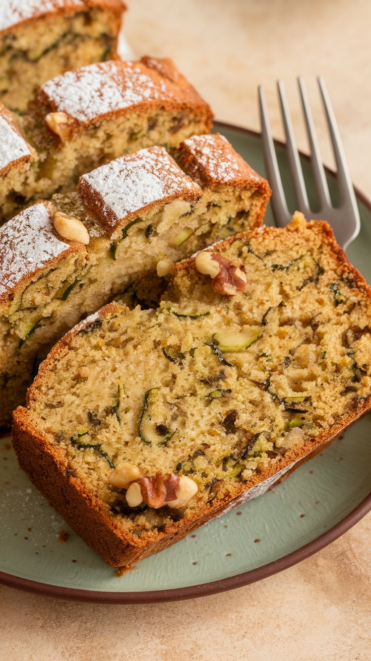 Sliced zucchini bread topped with walnuts on a plate.