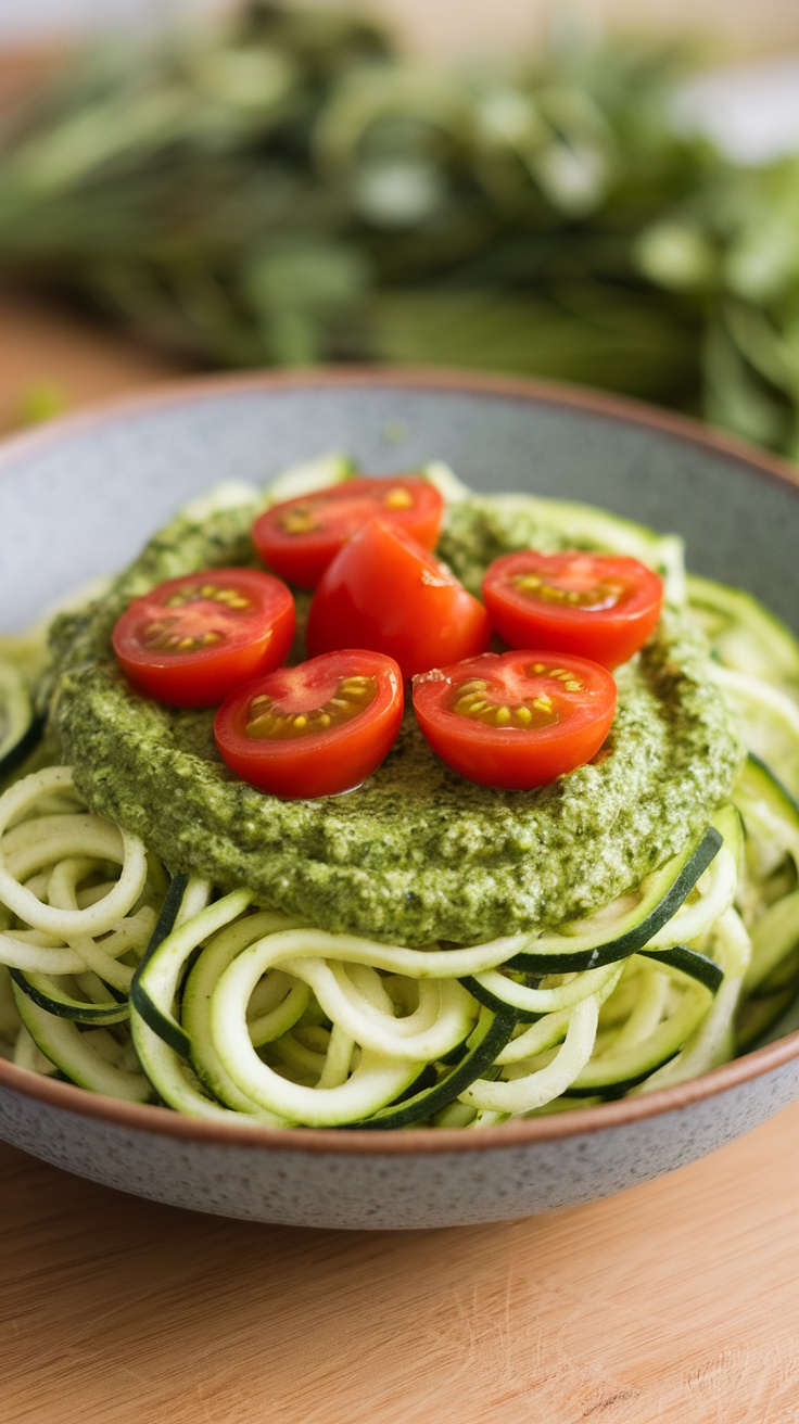 A bowl of zucchini noodles topped with pesto and cherry tomatoes.